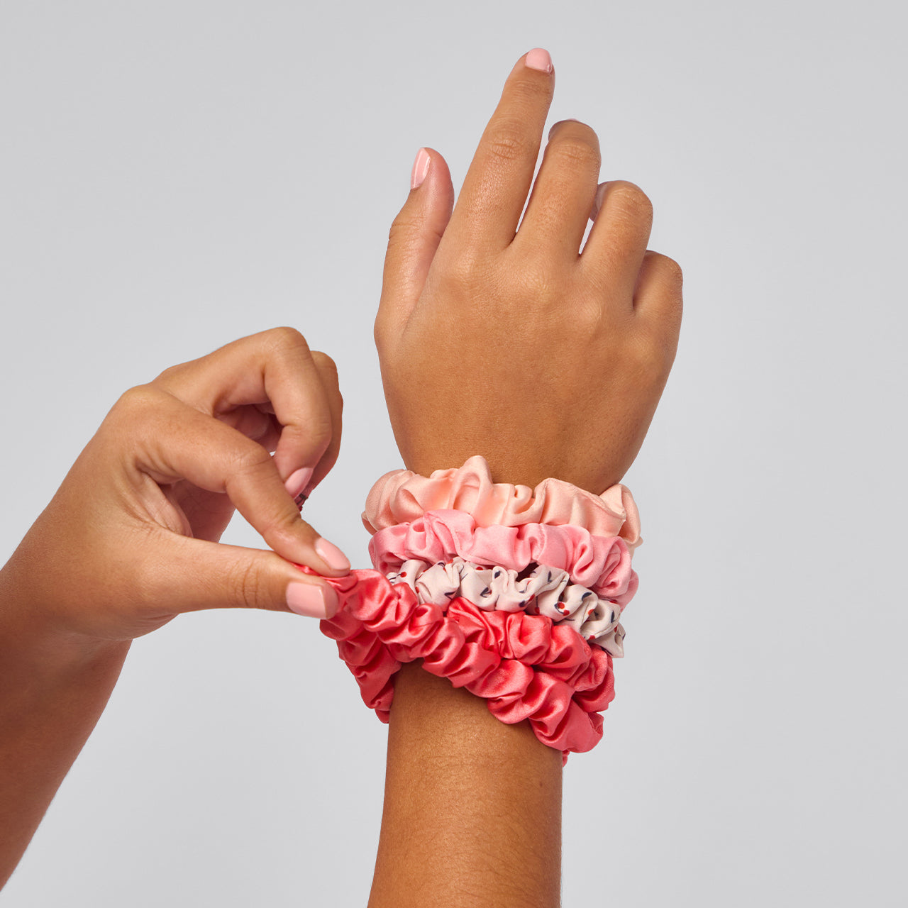 Cherry Blossom Ruched Satin Scrunchies 5pc Set - Curated Collection
