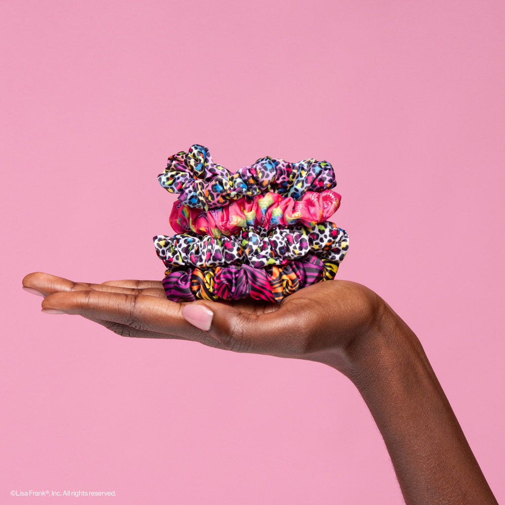 Lisa Frank x Kitsch Ruched Satin Scrunchies in Rainbow Leopard - Curated Collection