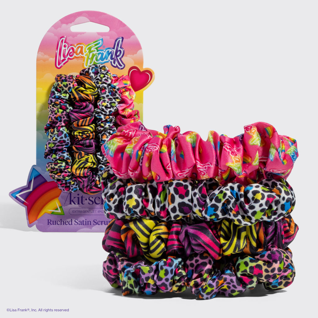 Lisa Frank x Kitsch Ruched Satin Scrunchies in Rainbow Leopard - Curated Collection