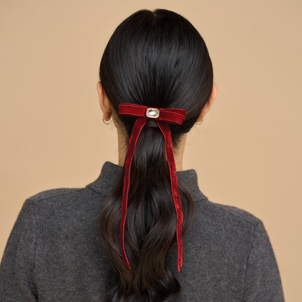 Velvet and Gemstone Bow Hair Clip - Curated Collection