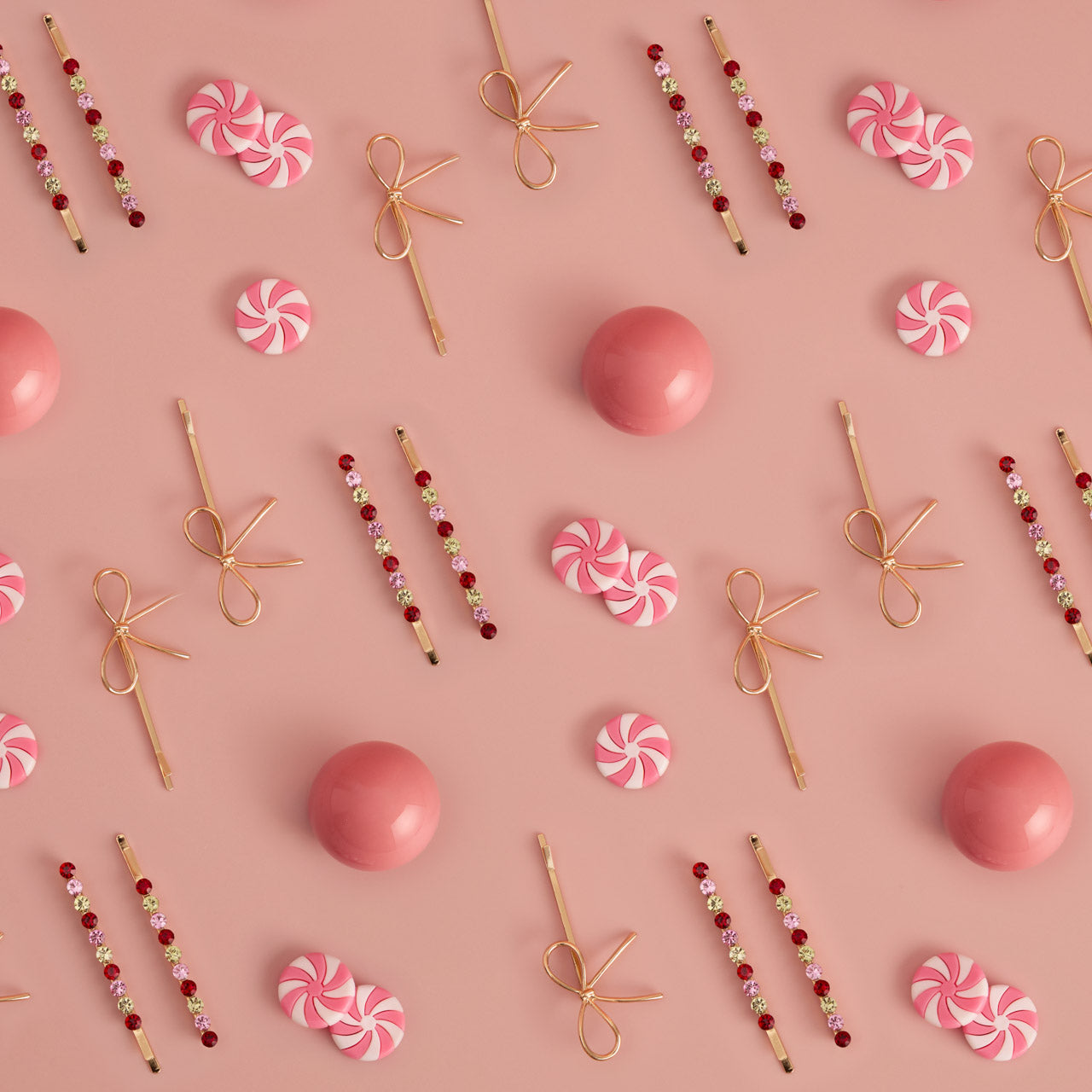 Red Pink and Green Gemstone and Bow Bobby Pins - Curated Collection