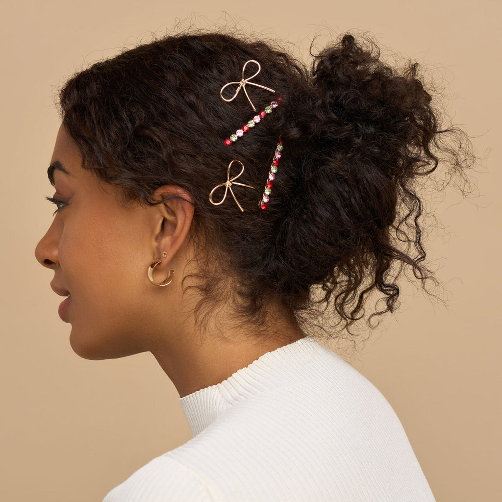 Red Pink and Green Gemstone and Bow Bobby Pins - Curated Collection