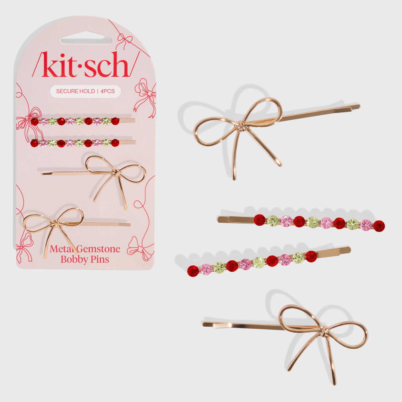 Red Pink and Green Gemstone and Bow Bobby Pins - Curated Collection