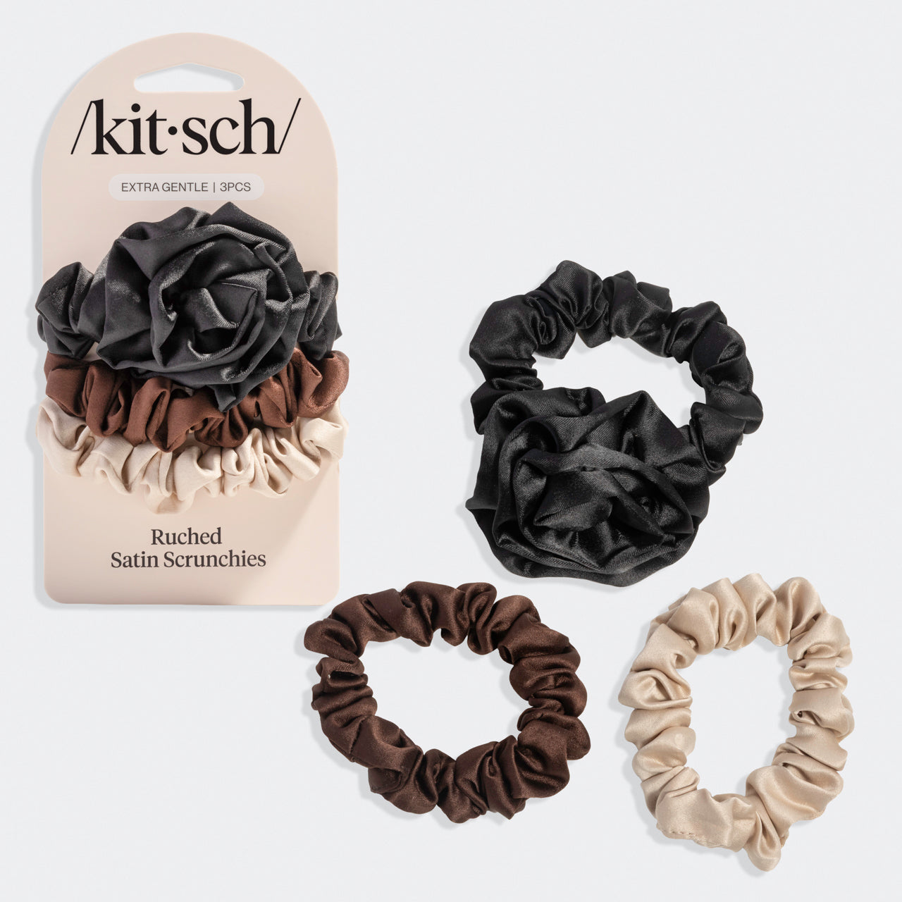 Black Rosette Ruched Satin Scrunchies - Everyday Essentials