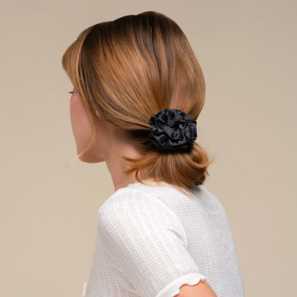Black Rosette Ruched Satin Scrunchies - Everyday Essentials