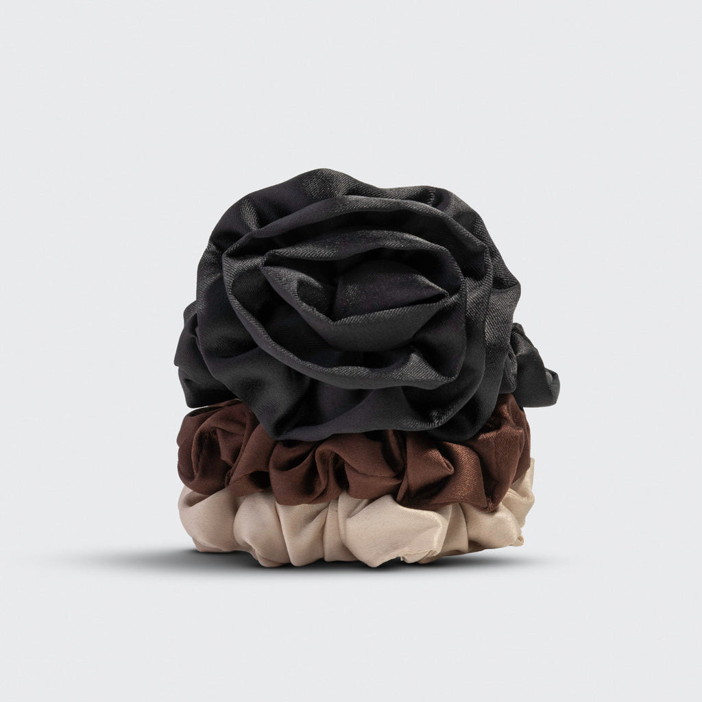 Black Rosette Ruched Satin Scrunchies - Everyday Essentials