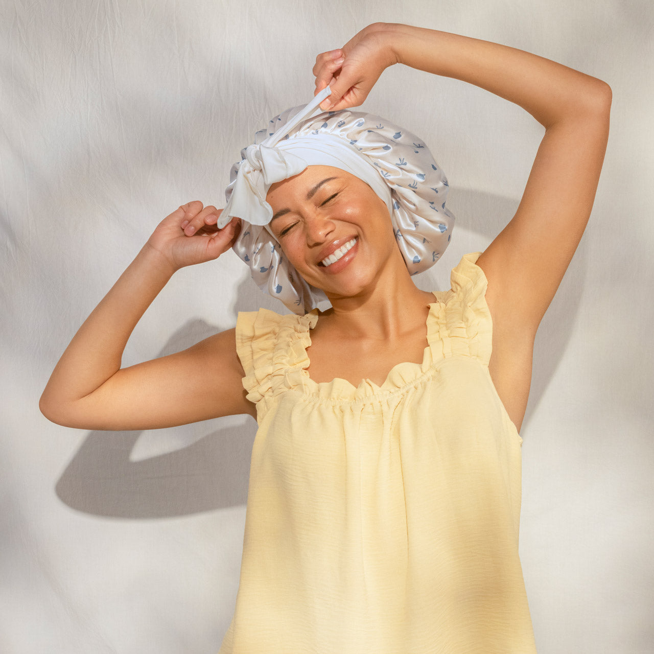Pearlized Cream and Coastal Blue Print Oversized Satin Bonnet - Curated Collection