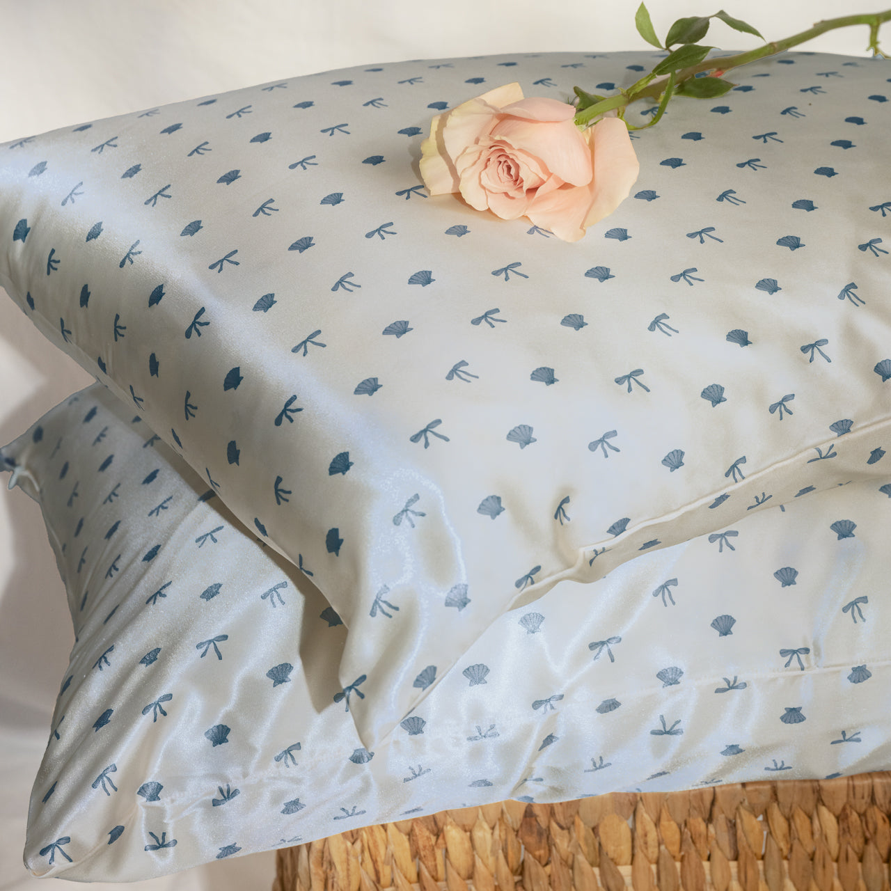 Satin Pillowcase in Pearlized Cream and Coastal Blue Print - Everyday Essentials