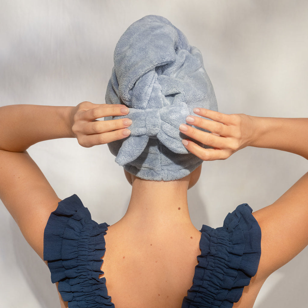 Coastal Blue Plush Microfiber Hair Towel Turban with Bow - Everyday Essentials