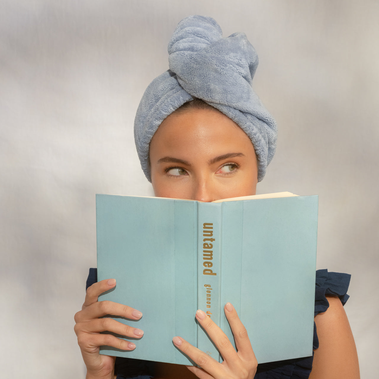 Coastal Blue Plush Microfiber Hair Towel Turban with Bow - Everyday Essentials