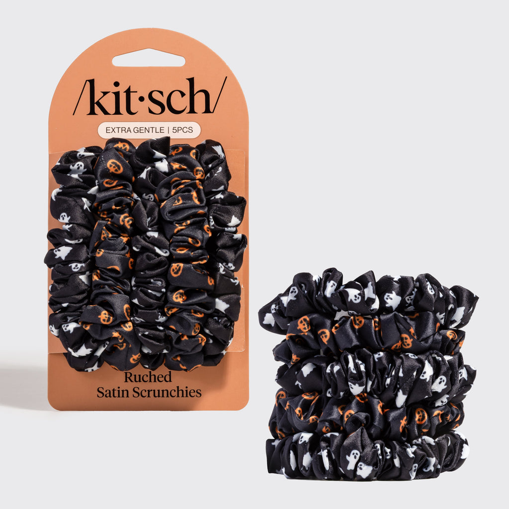 Ghosts and Pumpkins Ruched Satin Scrunchies 5pc Set - Signature Selection