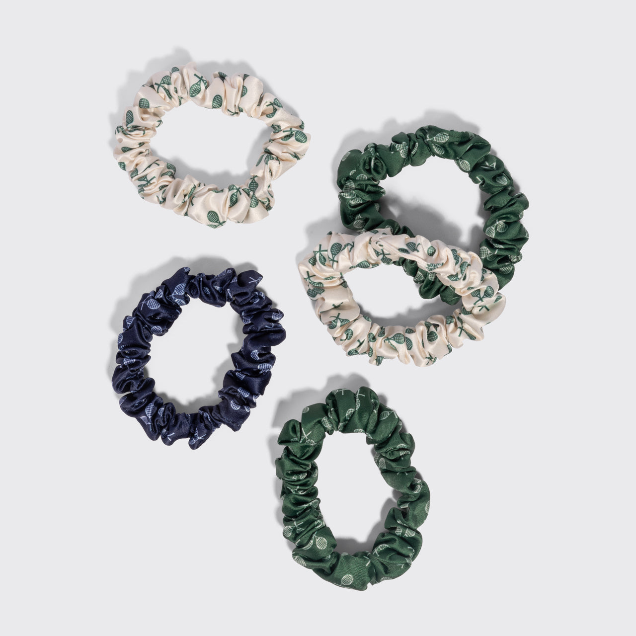 Cream Court Green and Navy Blue Ruched Satin Scrunchies 5pc Set - Signature Selection