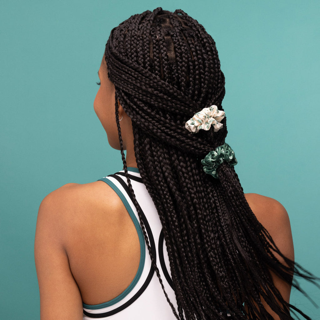 Cream Court Green and Navy Blue Ruched Satin Scrunchies 5pc Set - Signature Selection