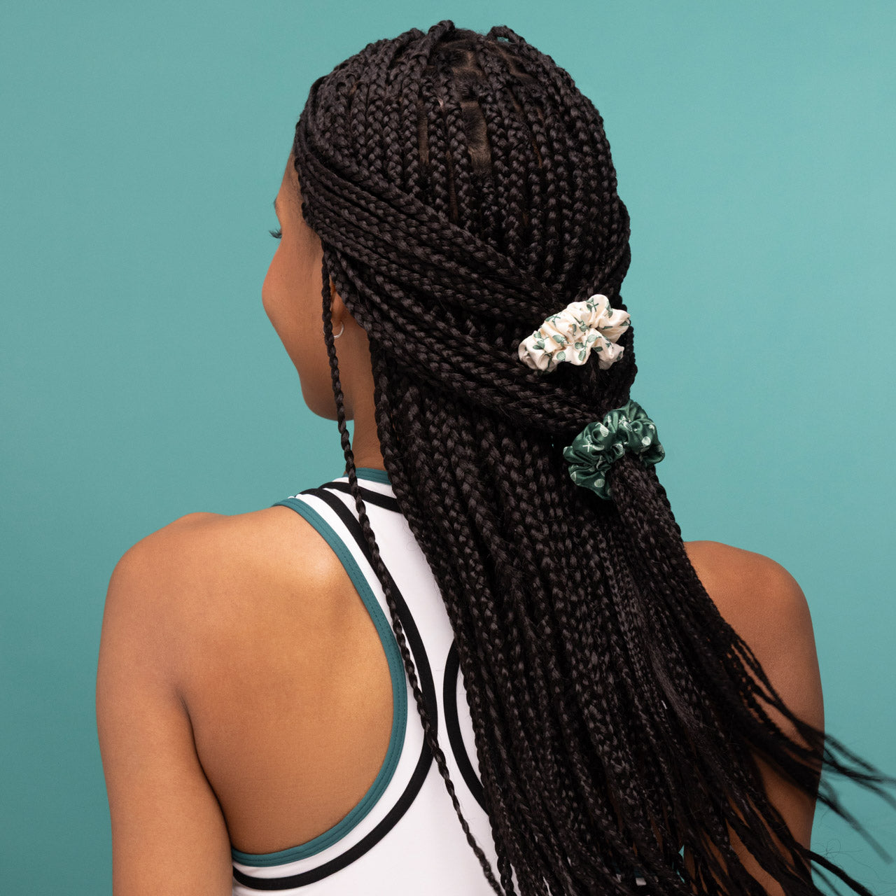 Cream Court Green and Navy Blue Ruched Satin Scrunchies 5pc Set - Signature Selection