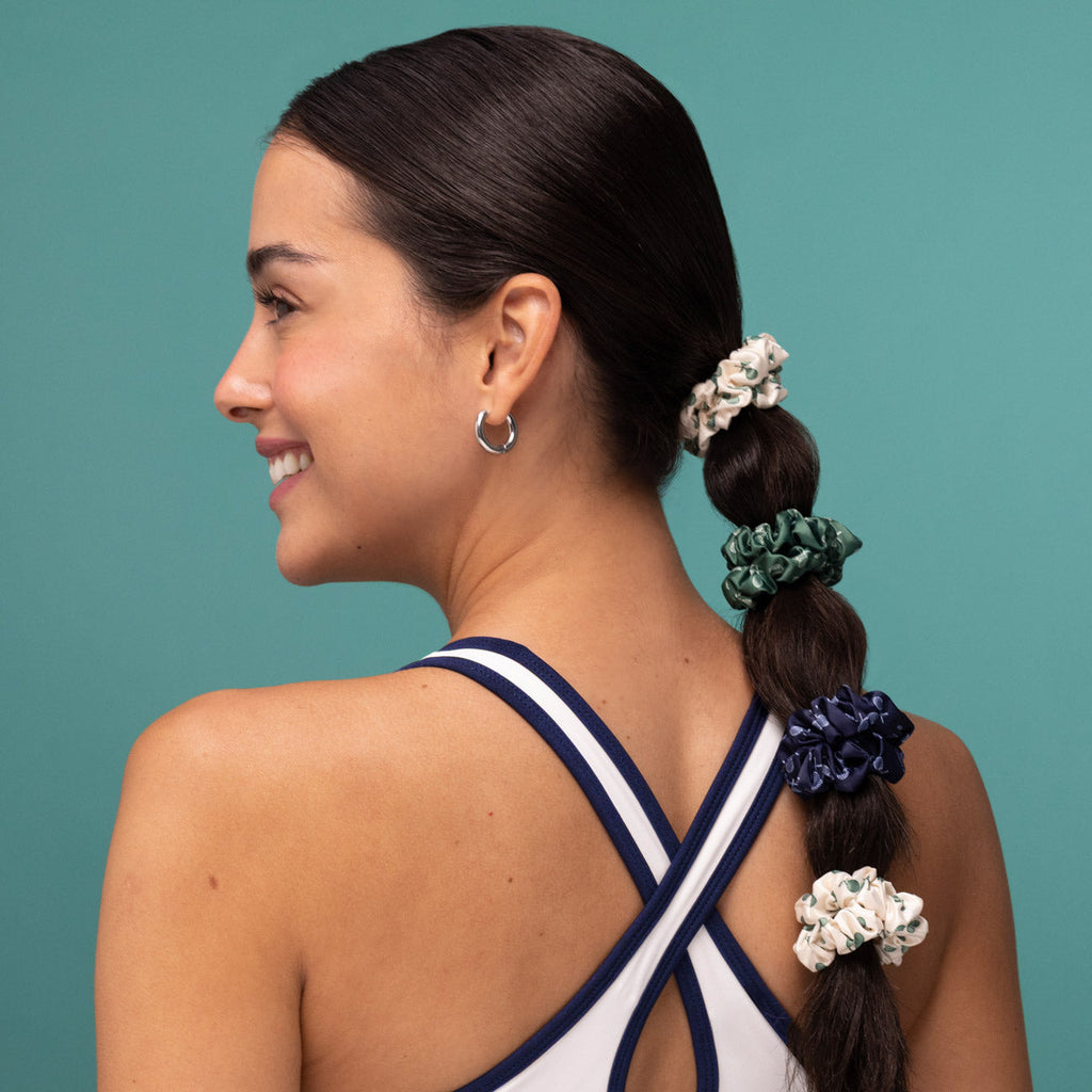 Cream Court Green and Navy Blue Ruched Satin Scrunchies 5pc Set - Signature Selection