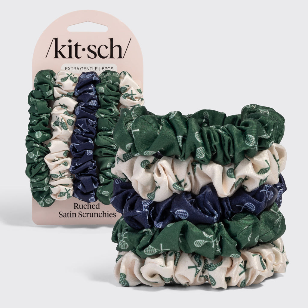 Cream Court Green and Navy Blue Ruched Satin Scrunchies 5pc Set - Signature Selection