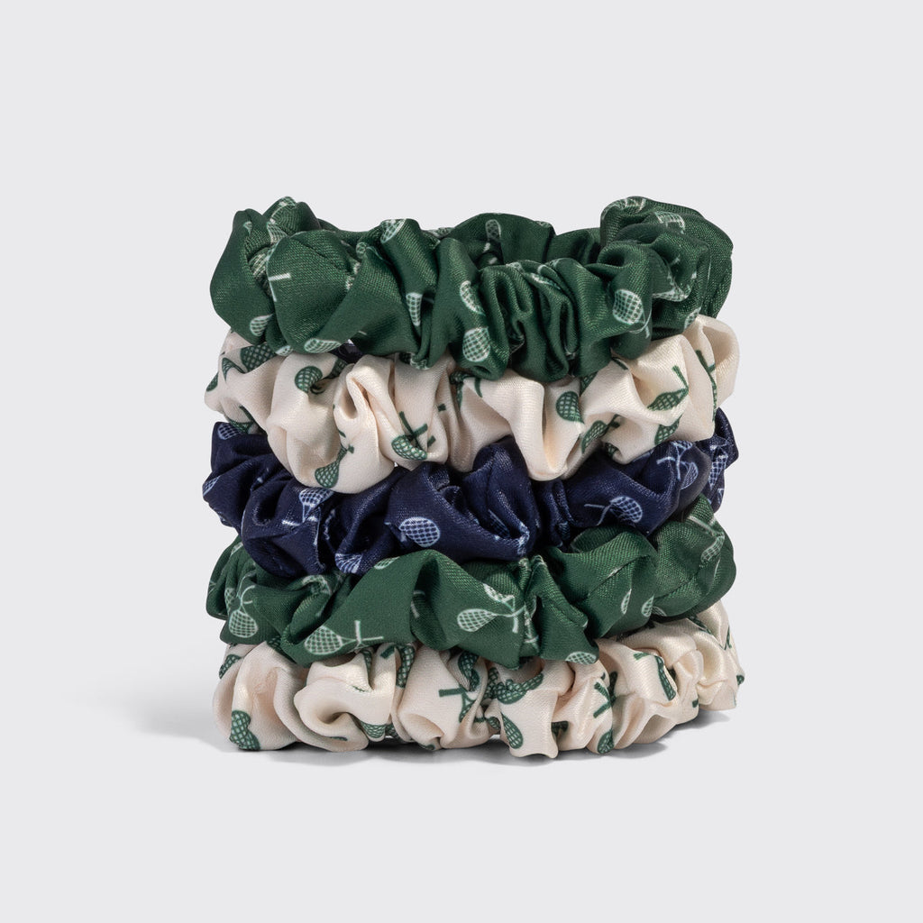 Cream Court Green and Navy Blue Ruched Satin Scrunchies 5pc Set - Signature Selection