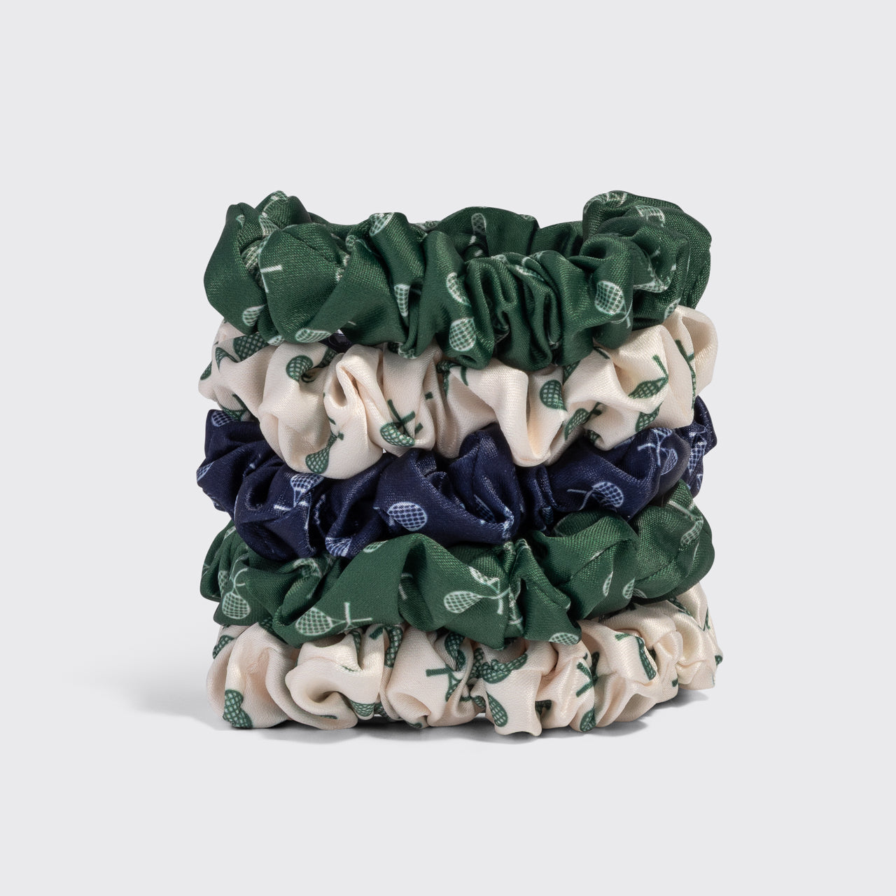 Cream Court Green and Navy Blue Ruched Satin Scrunchies 5pc Set - Signature Selection