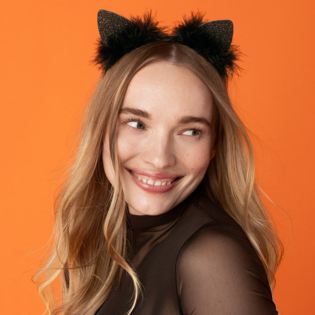 Black Glitter Satin Cat Ears Headband - Curated Collection