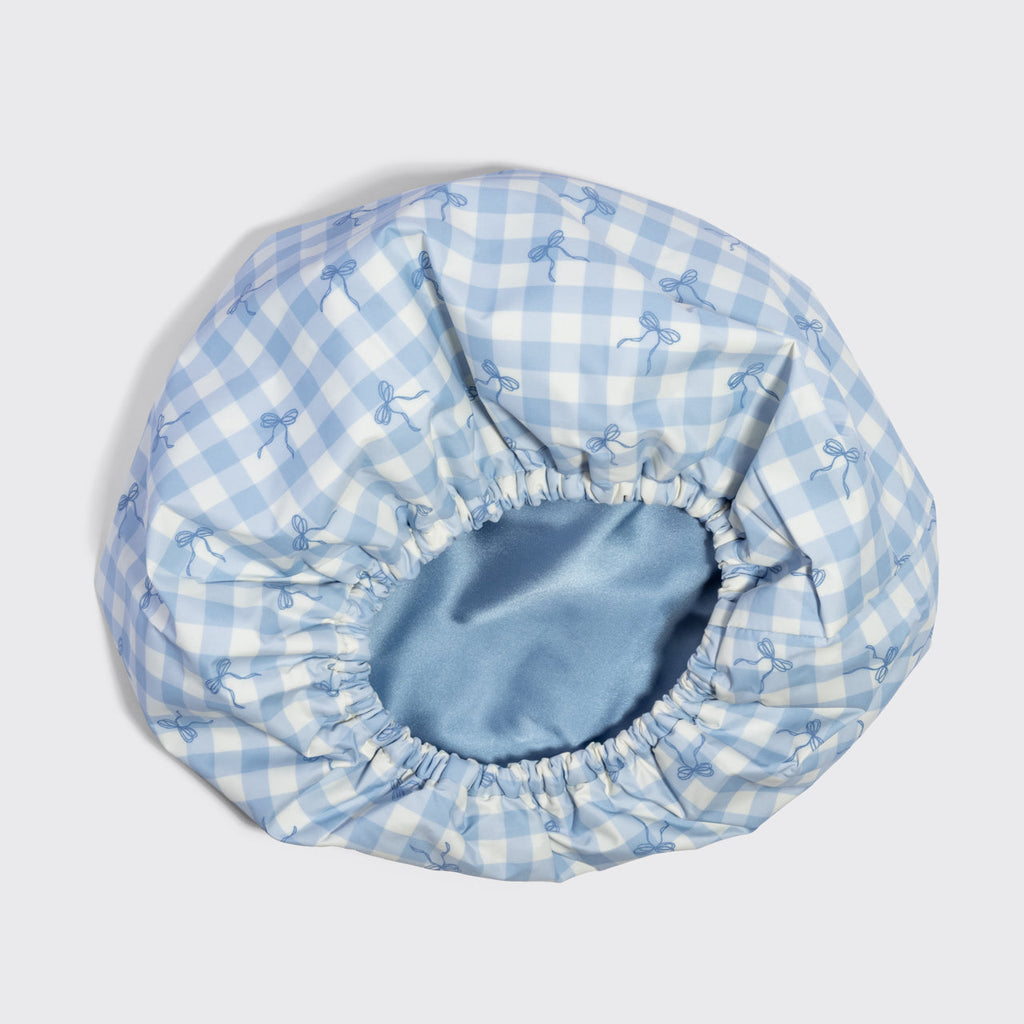 Gingham Blue Satin Lined Flexi Shower Cap - Signature Selection