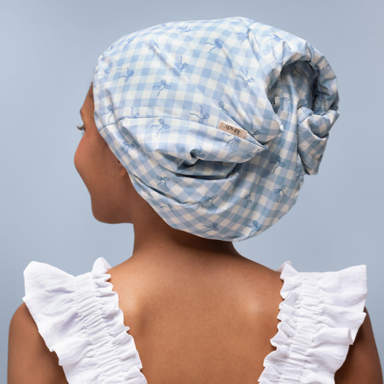 Gingham Blue Satin Lined Flexi Shower Cap - Signature Selection