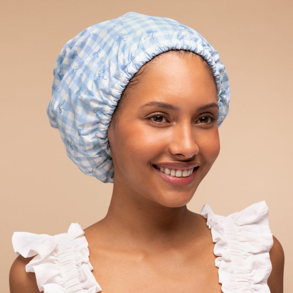Gingham Blue Satin Lined Flexi Shower Cap - Signature Selection