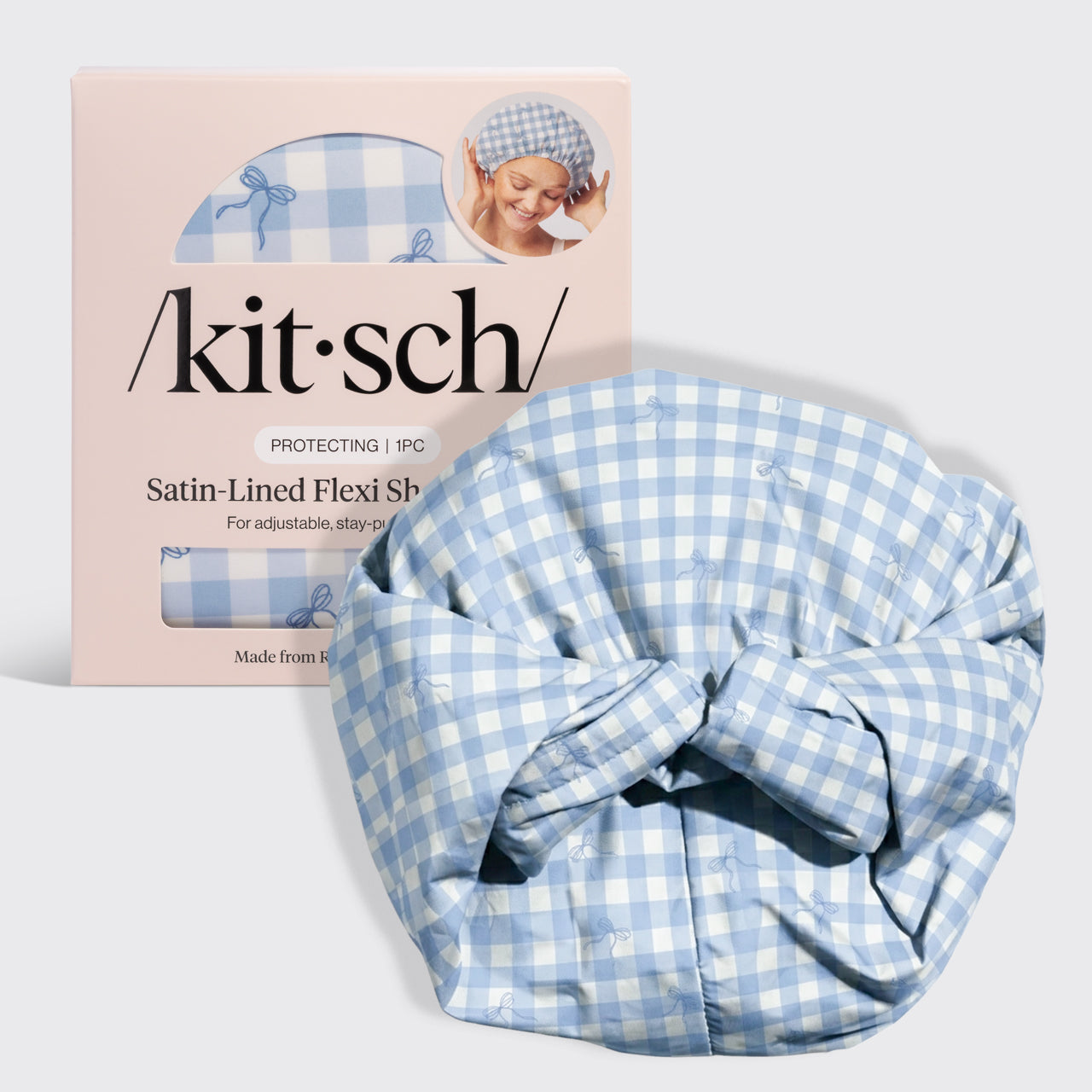 Gingham Blue Satin Lined Flexi Shower Cap - Signature Selection