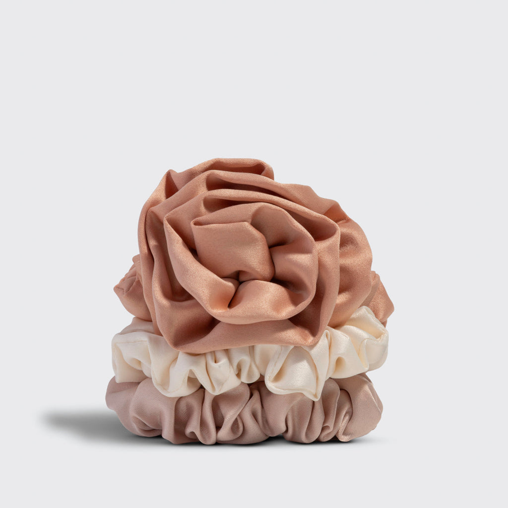 Terracotta Rosette Ruched Satin Scrunchies - Curated Collection