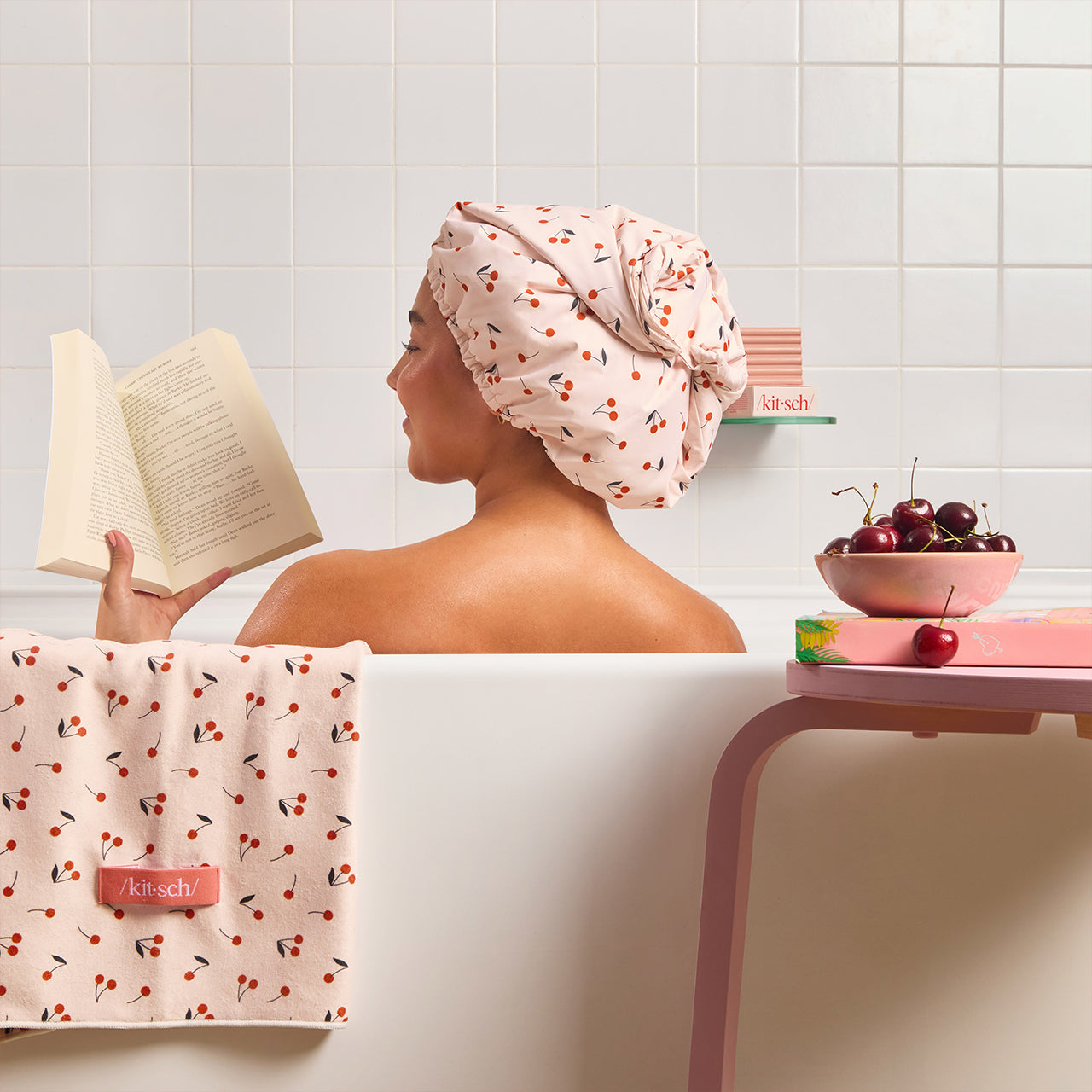 Cherry Print Satin Shower Cap - Signature Selection