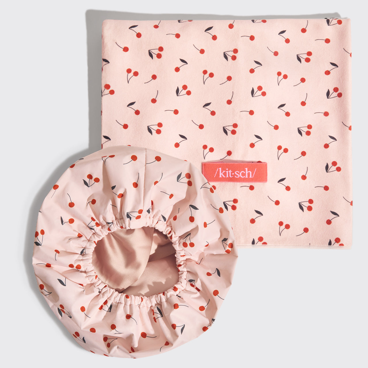 Cherry Print Satin Lined Flexi Shower Cap and XL Hair Towel Bundle - Everyday Essentials