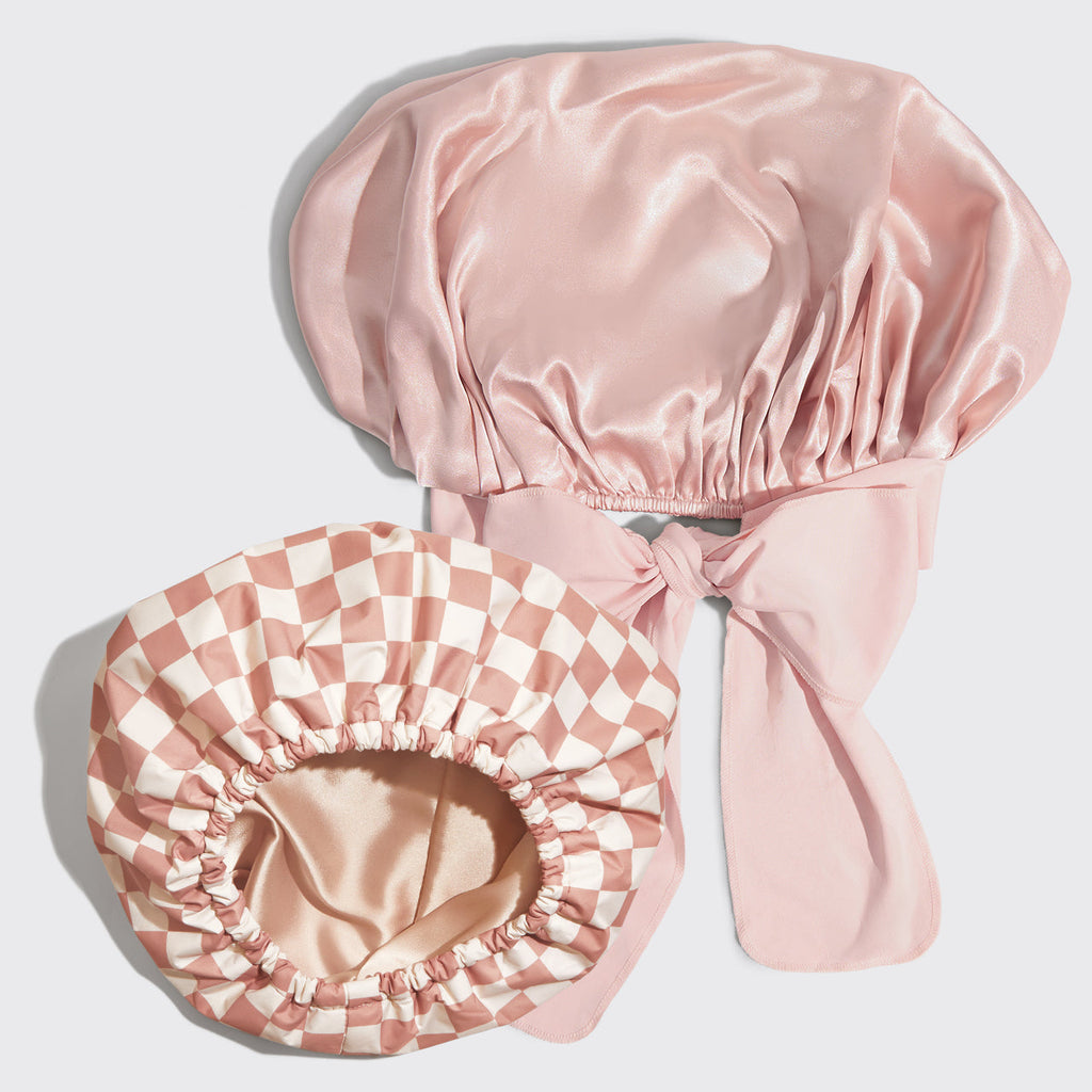 Satin Lined Flexi Shower Cap and Blush Oversized Satin Bonnet Bundle - Everyday Essentials