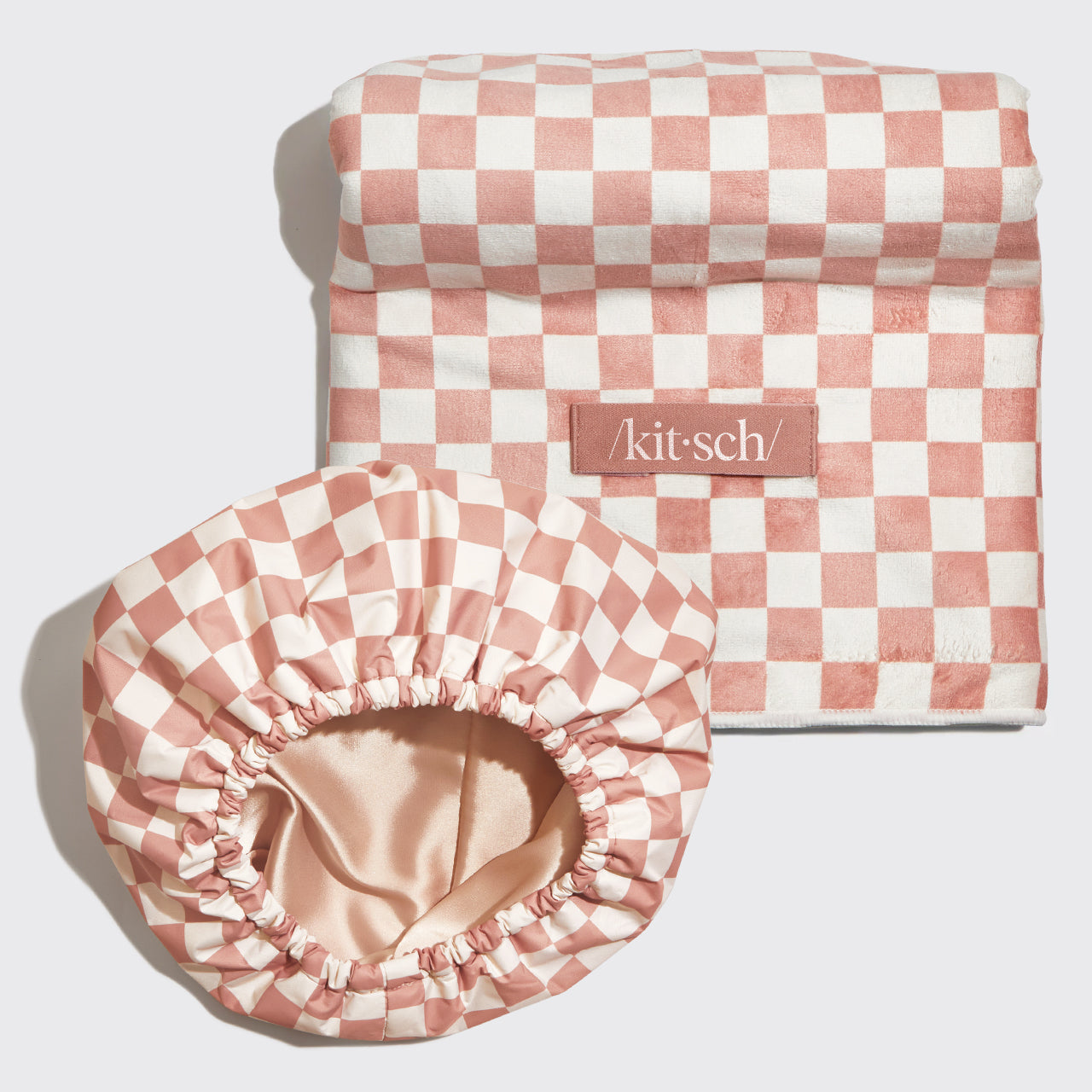 Terracotta Checker Satin Lined Flexi Shower Cap and XL Hair Towel Bundle - Signature Selection